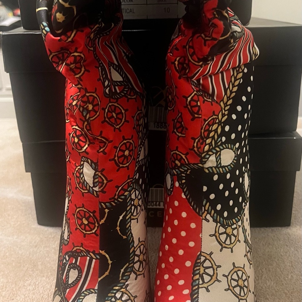 Liliana Red and Black Patterned Heeled Boots